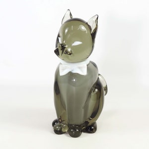 Archimede Seguso Murano Sommerso Smokey Gray Glass Cat z kokardą