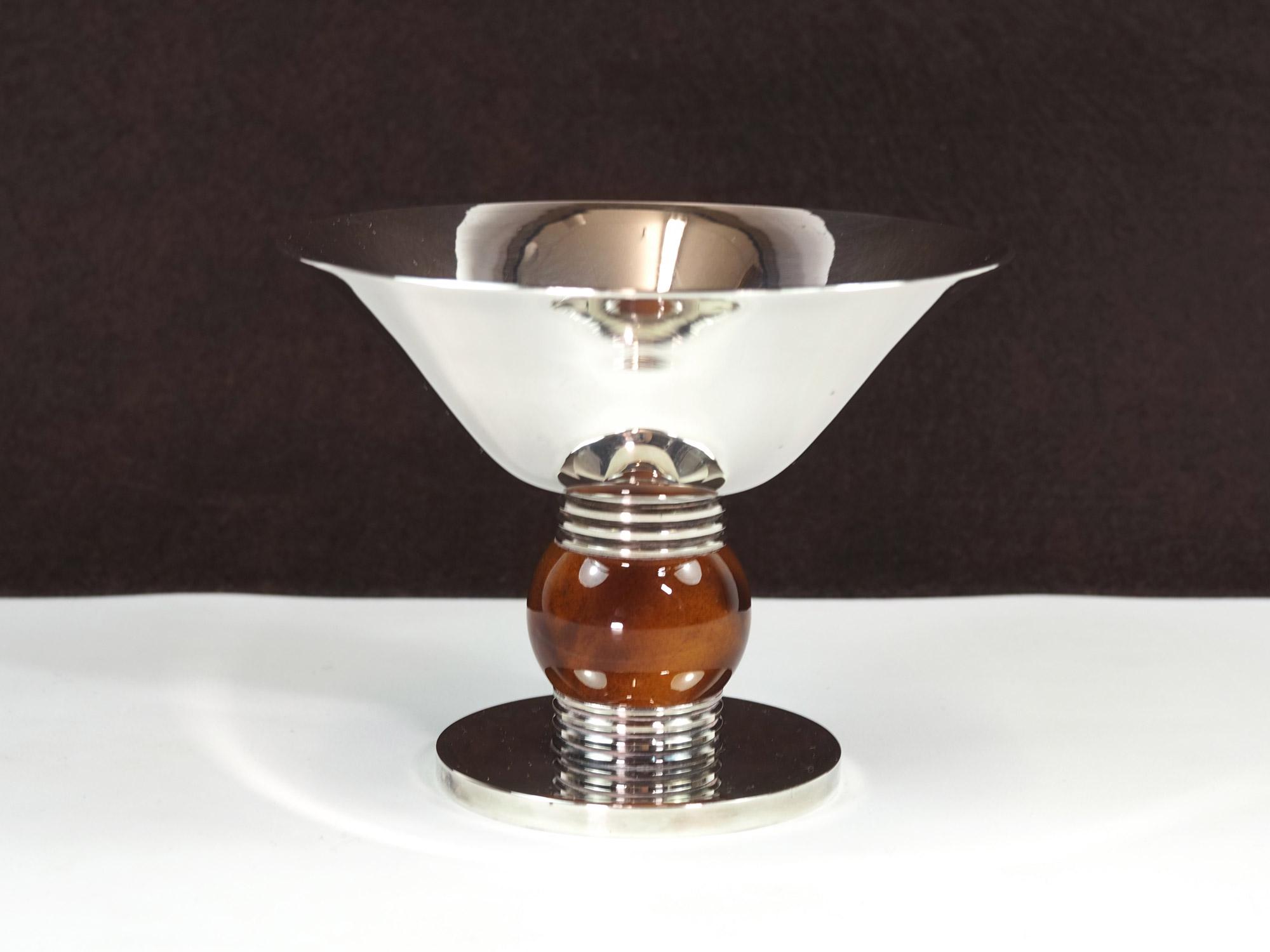 Mid-Century French Jean E. Puiforcat Silver Plate and Bakelite Bowl Signed-ca. 1950s