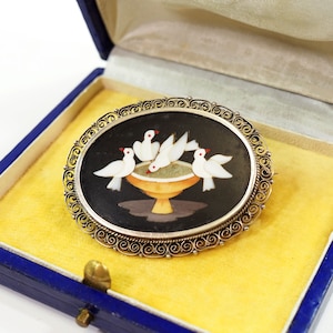 &quot;Antike Pietra Dura &quot;&quot;Tauben des Plinius&quot;&quot; - Filigranbrosche aus 19.Jhdt.&quot;