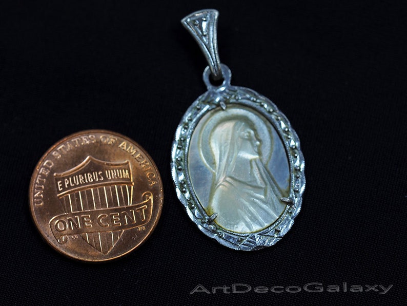 Antique Silver /& Carved MOP Madonna Pendant