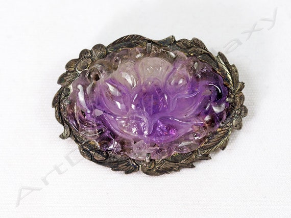Antique Chinese Silver & Carved Amethyst Brooch - image 1