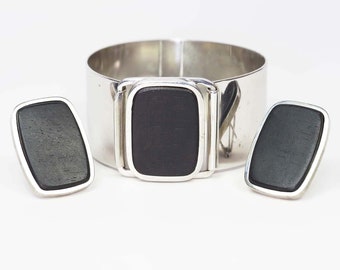 Mid Century Modern Silver & Ebony Cuff Bracelet and Earrings