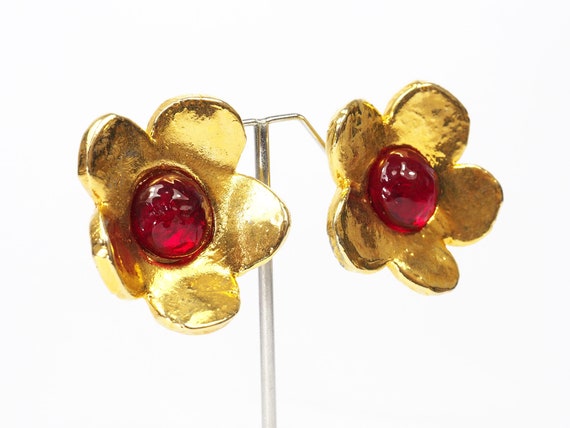 Hanae Mori Paris "Haute Couture" Red Flower Earri… - image 1