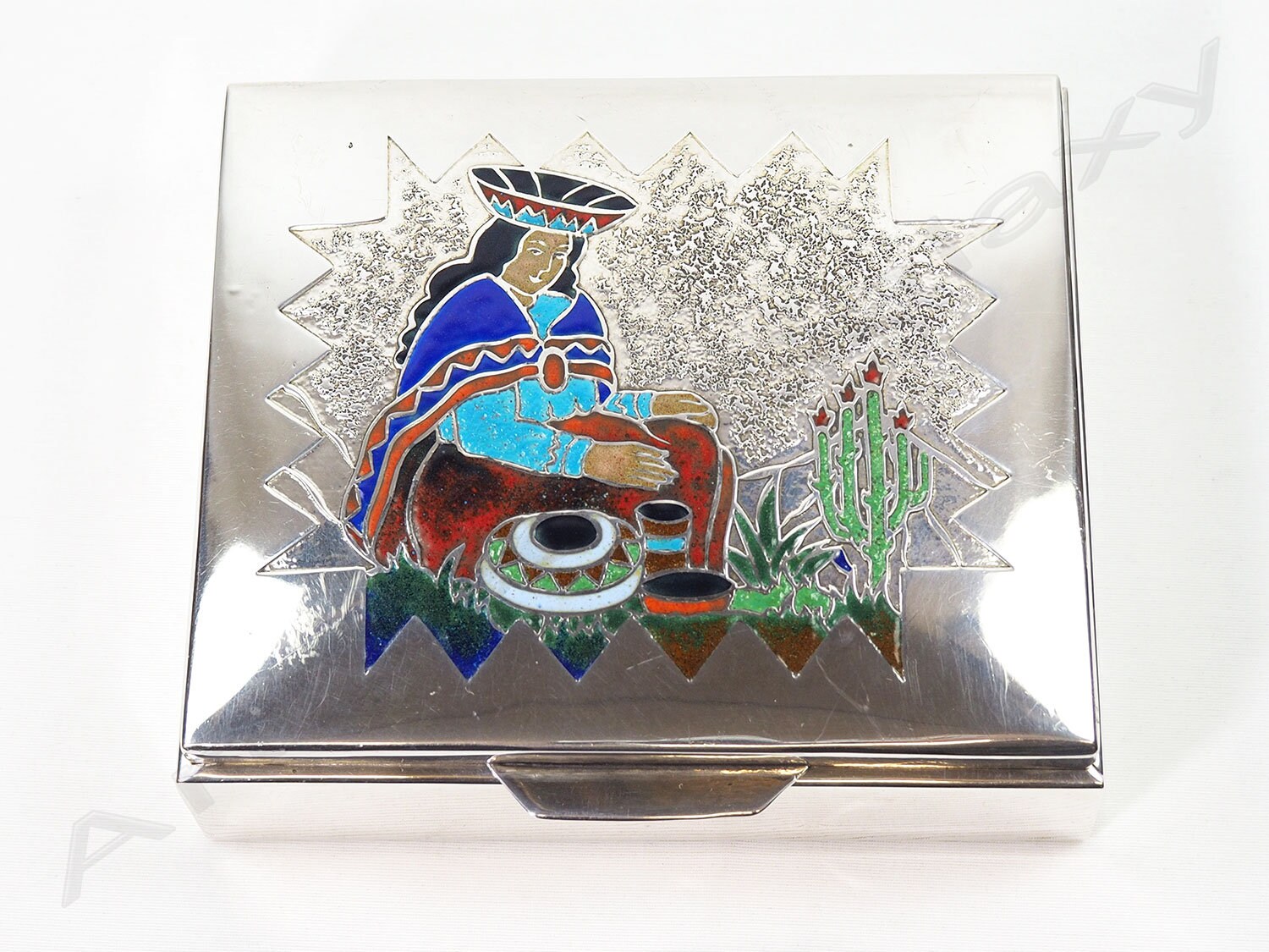 Vintage Sterling Silver & Enamel Box Depicting Native American Womanthumbnail