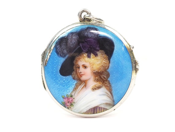 Antique Swiss Silver Guilloche Enamel Locket w/ H… - image 2