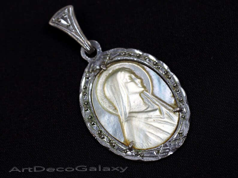 Antique Silver /& Carved MOP Madonna Pendant