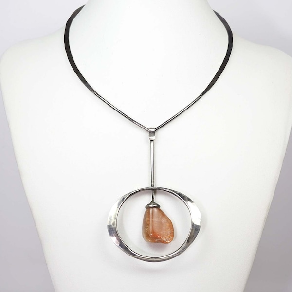 Tone Vigeland Norway Modernist Silver Agate Pendant w/Neckring-Circa 1960s