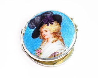 Antique Swiss Silver Guilloche Enamel Locket w/ Hand Painted Portrait of a Lady-Circa 1900s