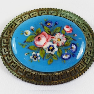 Antique Glass Enamel Painted Miniature Brooch