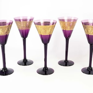 Art Deco Moser Amethyst Glass Oroplastic Frieze Glasses set of Five-1920s