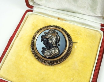 Antique Black Glass Cameo Achilles & Briseis Brooch-19th Century