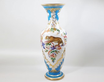 Antique Baccarat Opaline Glass Enamel Painted Vase-19th Century