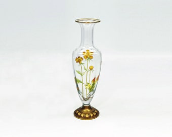 Antique Art Nouveau Baccarat Crystal Hand Painted Enamel Vase on Bronze Foot-19th Century