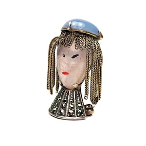 Art Deco German Silver&Carved Stones Figural Face Brooch w/Braided strands as Hair-Circa 1920s