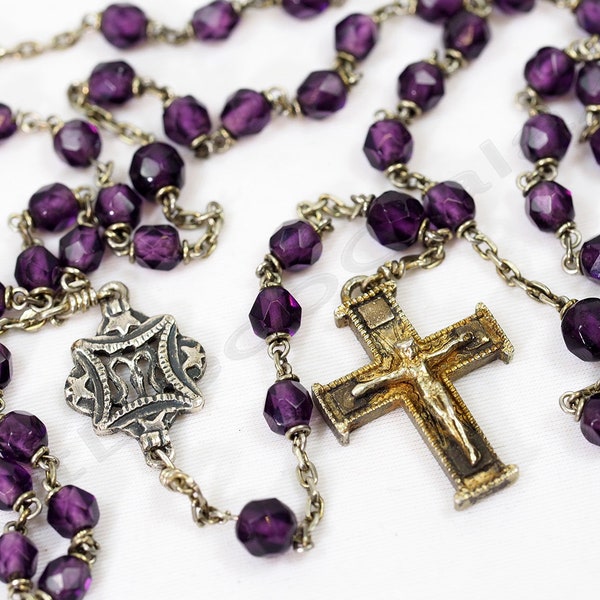 Antique Silver & Amethyst Glass Beads Rosary