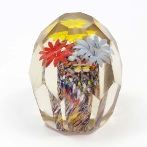 Antique Domed Faceted Paperweight Twistted Spatter Flowers-19th Century