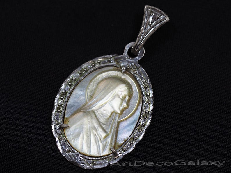 Antique Silver /& Carved MOP Madonna Pendant