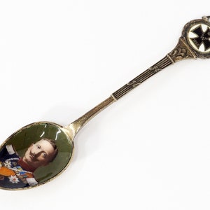 Cuchara de plata alemana antigua con retrato esmaltado pintado a mano del Kaiser Wilhelm II-1914