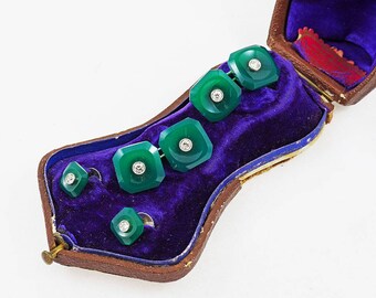 Art Deco French White Gold Diamond & Chrysoprase Cufflinks and Studs