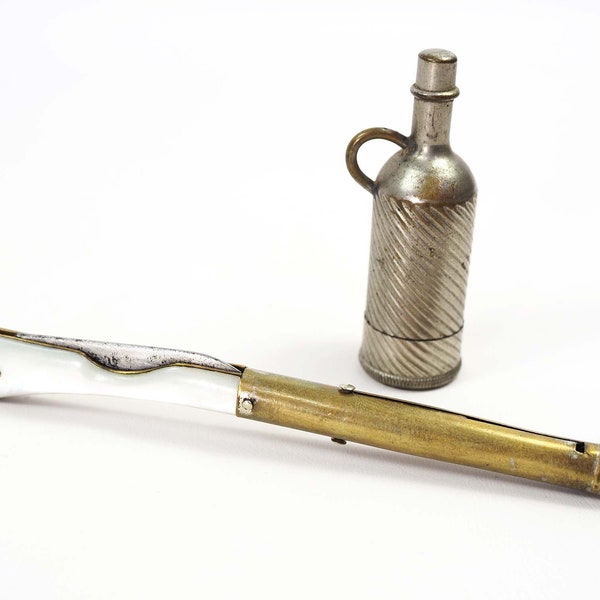 Antique French Miniature Propelling Pencil-Ink Pen & Knife Rifle w/ Inkwell Decanter-c. 1800s