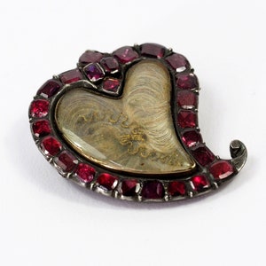 Antique Silver & Garnets Heart Shaped Memory Brooch-19th Century
