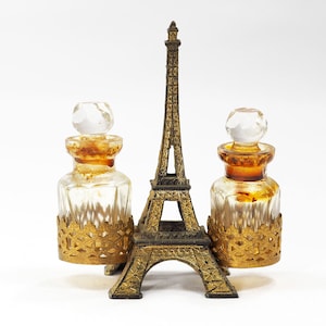 Antique French Eiffel Tower Stand with Two Glass Perfume Bottles-1880s