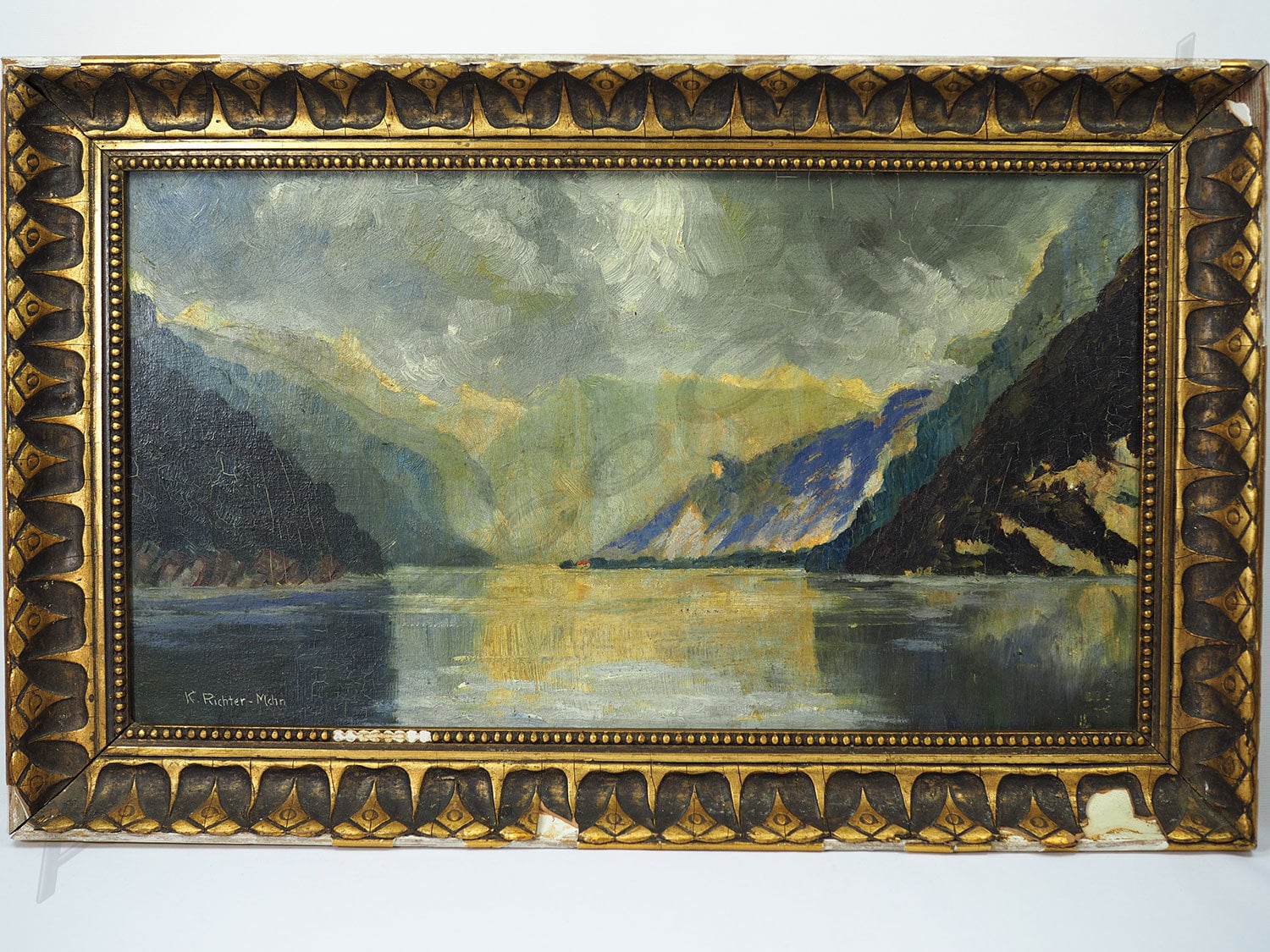 Klaus Richter (DE-1887-1948) Oil on Board- Storm over Alpine Lake-Circa 1910s