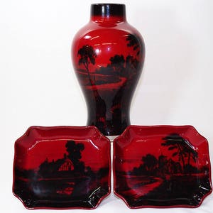 Jarrón y platos flambeados Royal Doulton (lote de 3)