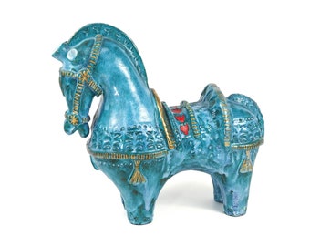 Aldo Londi für Bitossi Blue & Gold w/ Red Hearts Keramik Pferd-1960er Jahre
