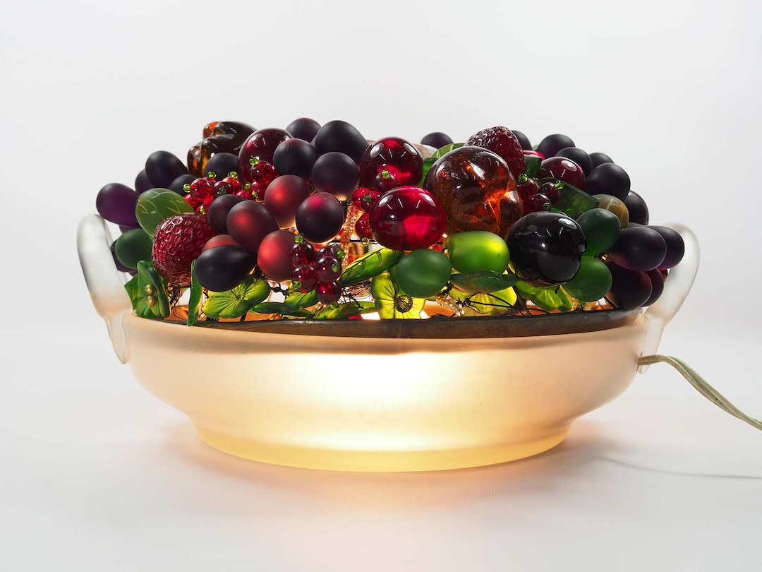 Art Deco Frosted Glass Table Lamp Fruit Basket W/ Glass Fruits