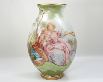 Antique French Painted Opaline Glass Vase-Signed E. Froger-19 Century