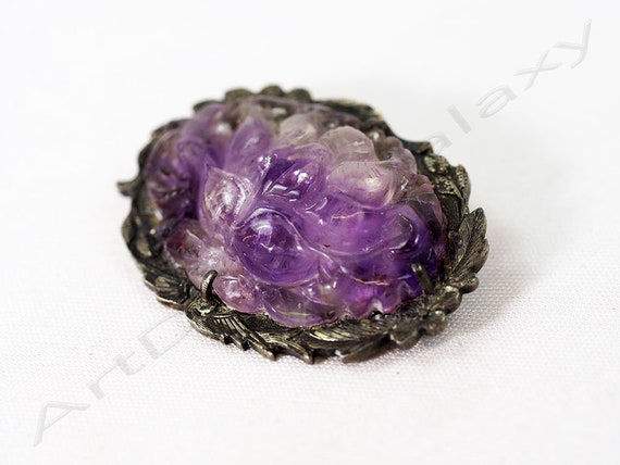 Antique Chinese Silver & Carved Amethyst Brooch - image 3