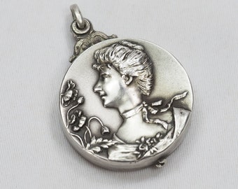 Pendentif Ancien Ouvrant Style Art Nouveau - Porte-photo Coulissant Avec Fleurs De Gui