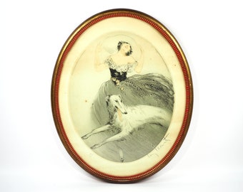 Louis Icart (FR-1888-1950)-Original 1922 Art Deco Etching Woman w/ Borzoi-Signed