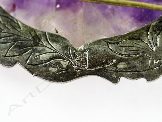 Antique Chinese Silver & Carved Amethyst Brooch - image 7