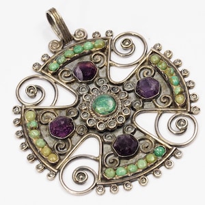 Matl Dominguez Mid-Century Silver Cross with Amethyst & Turquoise