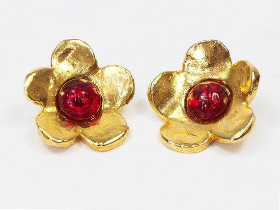 Hanae Mori Paris "Haute Couture" Red Flower Earri… - image 2