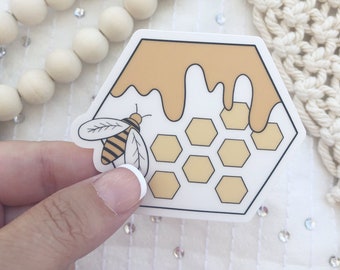 Honey Bee  Vinyl Sticker | Clear Sticker | Vinyl Die Cut | Illustrated Bee | Honeycomb | Waterproof | Water Bottle Phone Decal