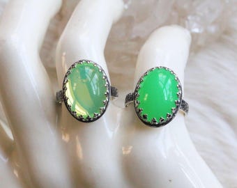 Glow - Sterling Silver Uranium Glass Ring – UV Reactive Czech Glass Jewelry - Black Light Ring - Made to Order in YOUR SIZE