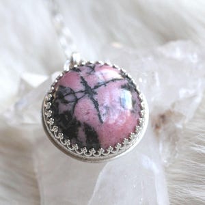 Rorschach in Pink - Rhodonite and Sterling Silver Necklace Gemstone Pendant
