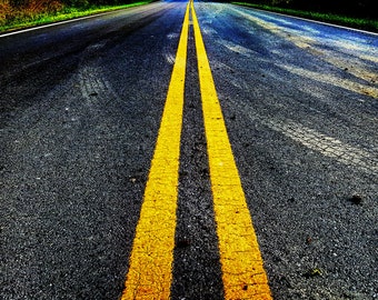 Standing in the Middle of the Road Looking Toward the Future color photo print | street, road, asphalt, yellow, photograph, fine art print