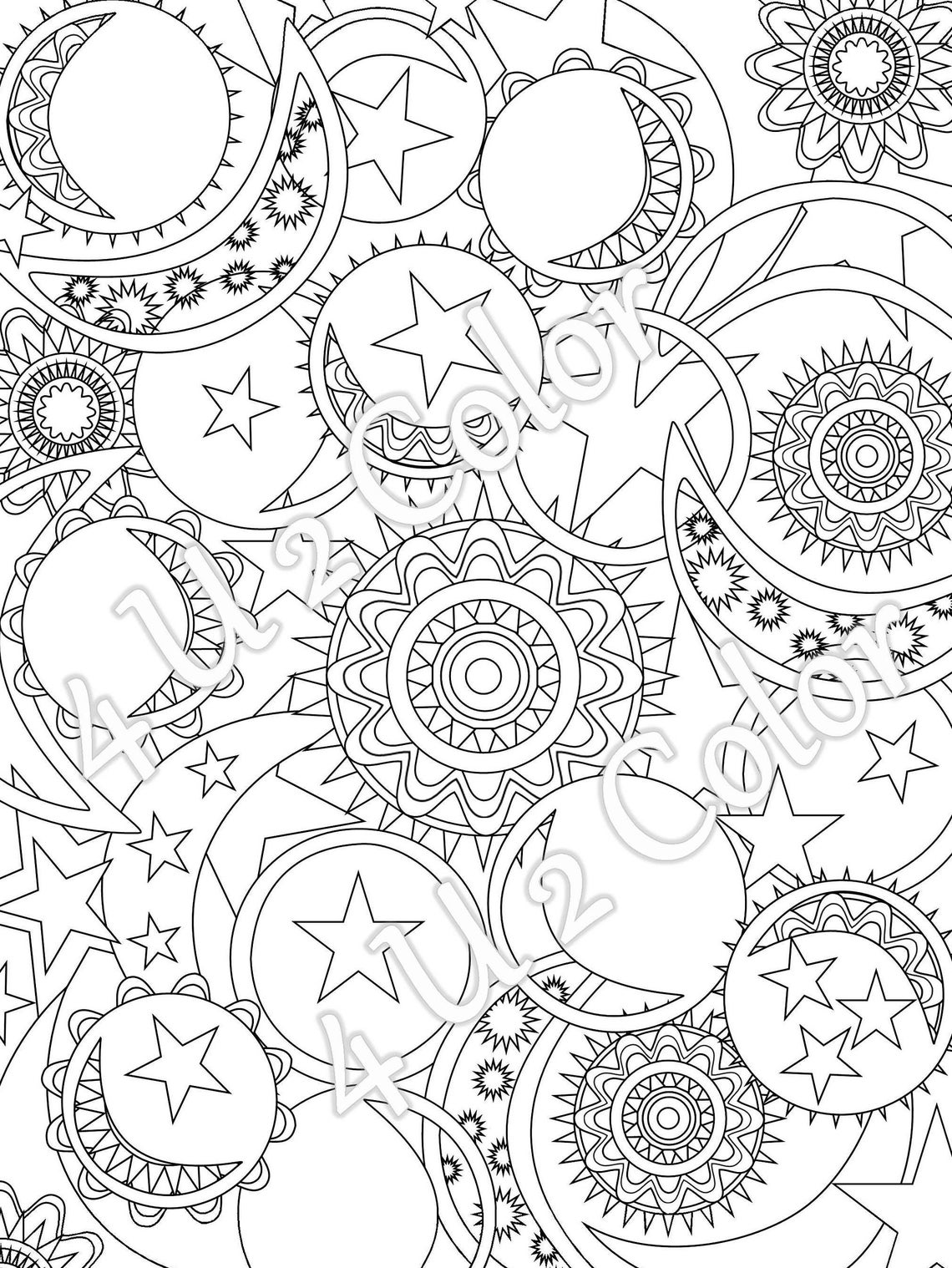Sun Moon Stars 1 coloring page sun moon & stars | Etsy