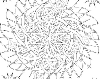 May include: A black and white coloring page featuring a large, intricate starburst design with smaller stars surrounding it. The design is made up of overlapping circles and lines, creating a complex and visually appealing pattern.