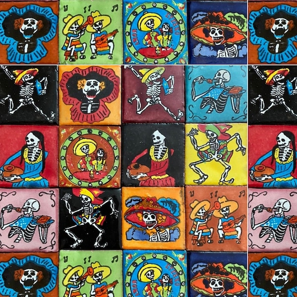 30 Hand Painted Day of the Dead Mexican Talavera Tiles 2" X 2" Tiles Folk Art Dia de los Muertos