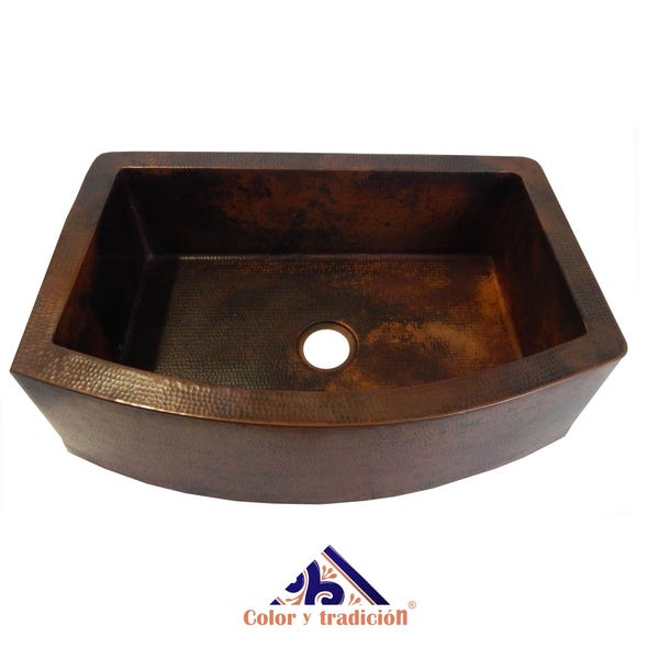 Rounded Apron Front Farmhouse Kitchen Single Bowl Mexican Hammared Copper Sink   33" X 22" # 09