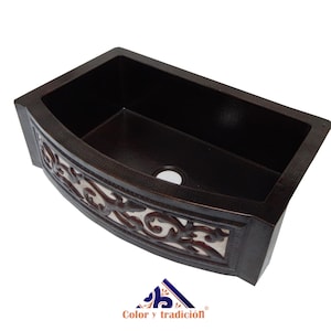 Apron Front Farmhouse Copper Kitchen Sink Mexican Leaf Design Single Bowl  33&quot; X 22&quot; # 14