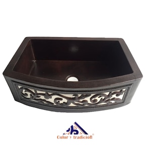 Apron Front Farmhouse Kitchen Mexican Copper Sink Leaf Guide Single Bowl 33&quot; X 22&quot; # 10