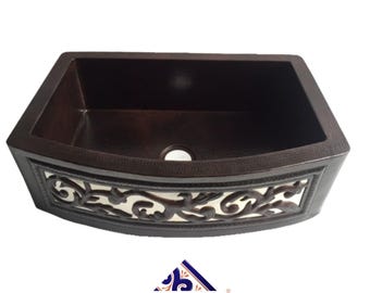 Apron Front Farmhouse Kitchen Mexican Copper Sink Leaf Guide Single Bowl 33" X 22" # 10