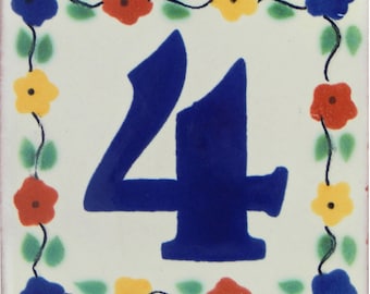 Mexican Tile House Numbers Address Numbers Ceramic House Number Talavera Number Wedding Table Numbers Flower 4x4 FOUR