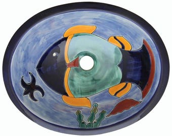 17” X 14” Talavera Mexican Sink Hand Painted Drop-In Folk Art Bathroom Ceramic Sink Handmade #028